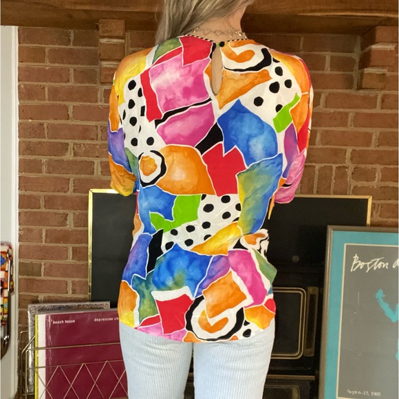 Vintage 80s 90s Studio Image Abstract Print Art Rainbow Top High Neck Cr… - Picture 5 of 12